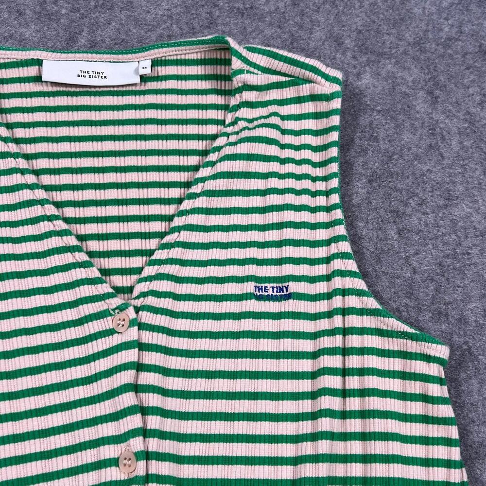 THE TINY BIG SISTER Green Beige Striped Ribbed Knit Shirt Dress Women's 34 US 2 - Picture 3 of 8